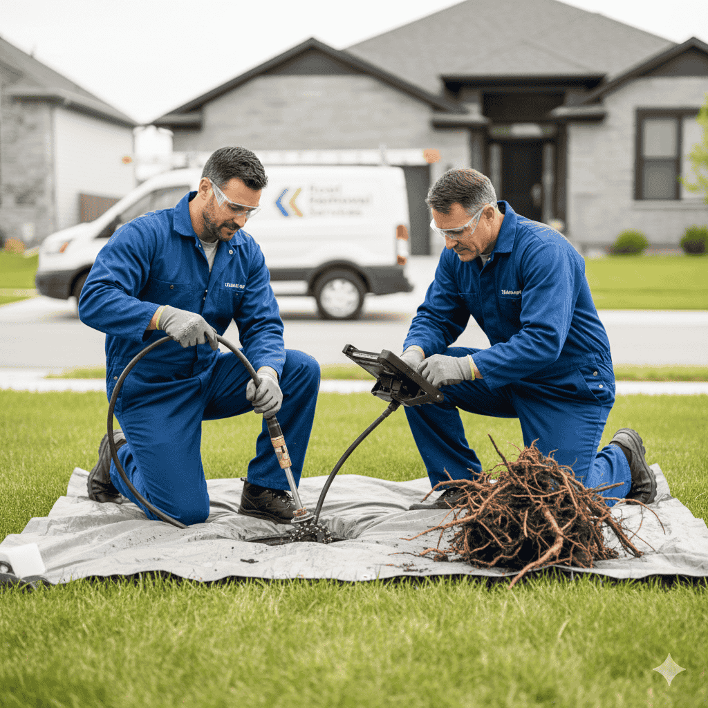 Mechanical root cutting blade removing dense tree root mass blocking residential sewer pipe in Mission Viejo neighborhood